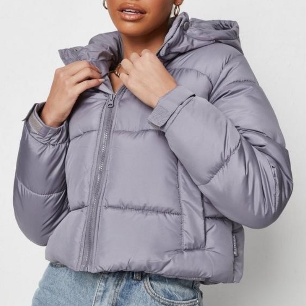 Missguided Petit Light Grey Hooded Crop Puffer